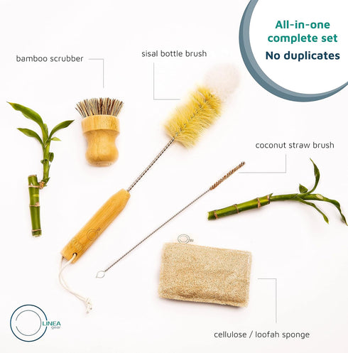 Bamboo Dish Brush Set, Complete Sustainable & Compostable Sponge and Scrubber Set for Eco-Friendly Cleaning