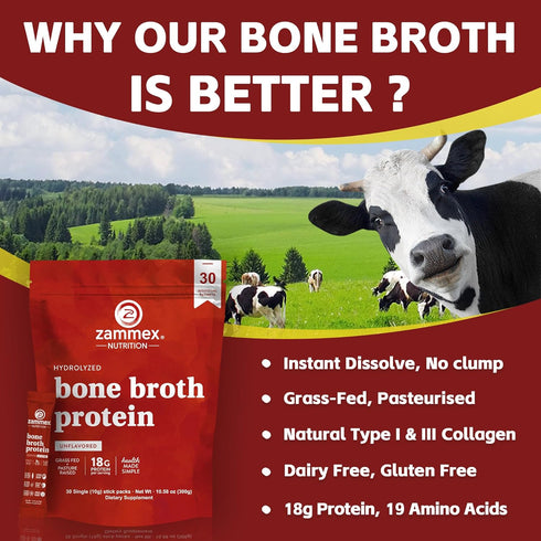 Zammex Packets-18g Go-30 Packets-Supports (15 Bone Broth Collagen Protein-Beef Bone Broth Powder to Travel Stick Skin