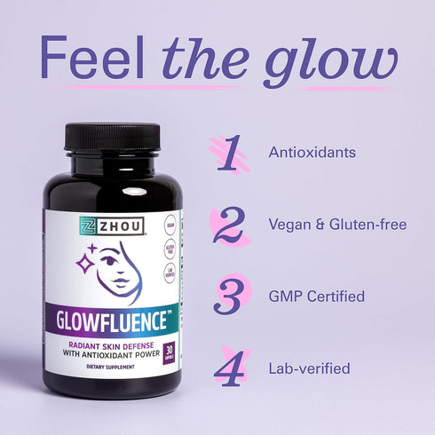 Zhou Glowfluence Hyaluronic Acid Supplement, 30 Veg Caps with Vitamin C & Antioxidants for Youthful Radiant Skin