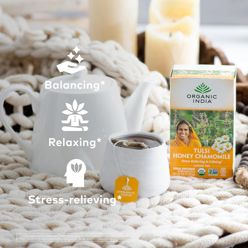 Organic India Tulsi Honey Chamomile Herbal Tea - Stress Relieving & Calming, 18 Infusion Bags, 3 Pack