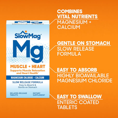 SlowMag Muscle + Heart Magnesium Chloride with Calcium Supplement - Supports Muscle Relaxation and Heart Health, 60
