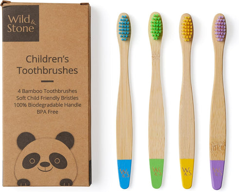 Wild & Stone Organic Children's Bamboo Toothbrush - 4 Pack, Soft Fibre Bristles, 100% Biodegradable Handle