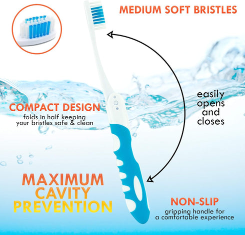 Lingito Travel Toothbrush, Folding with Built-in Cover, Packable, Collapsible, Pocket Medium Bristle Brushes (2 Pack)