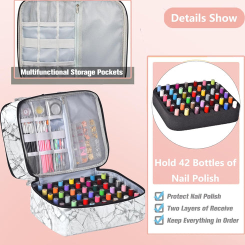 Nail Polish Organizer Case - Holds 42+ Bottles (15ml/0.5 fl.oz) and 1 Nail Lamp, Upgraded Double-layer Storage Bag with