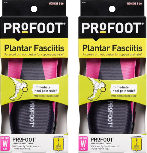 PROFOOT Orthotic Insoles for Plantar Fasciitis & Heel Pain, Women's 6-10, 2 Pair Gel Heel Shock Absorbing