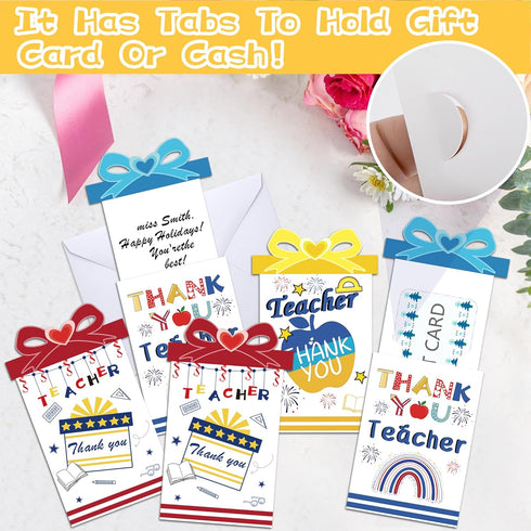 Watayo 12 Sets Teacher Appreciation Money and Gift Card Sleeves, Thank You Teacher Money Holder Ornaments for Cash