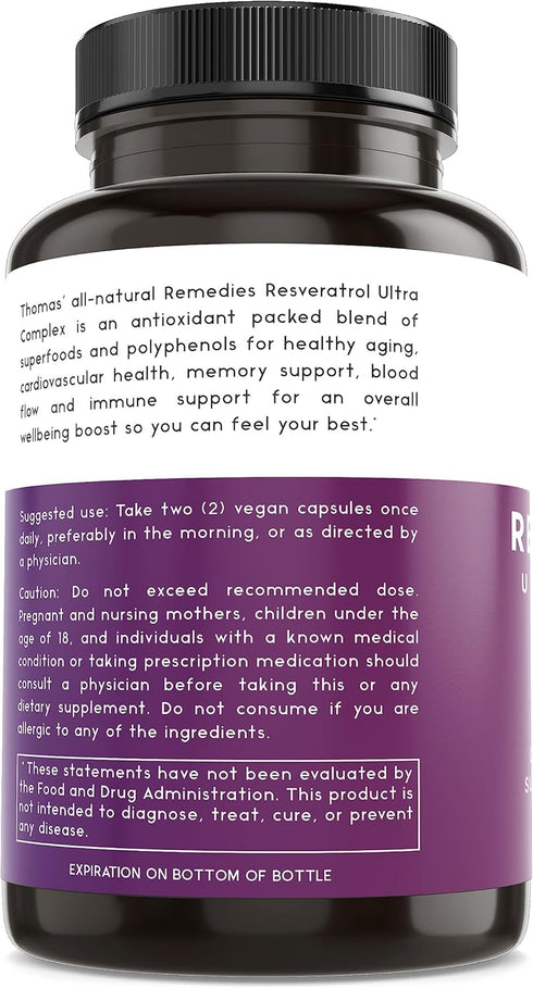 Thomas' Resveratrol 1600mg Organic Antioxidant Supplement with Grape Seed Extract & Quercetin, 120 Capsules