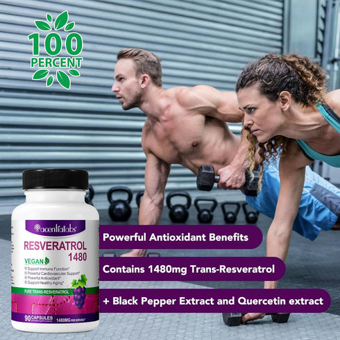 Resveratrol 1,480MG with Quercetin - 90 Vegan Capsules for Healthy Aging, Immune System, Cardiovascular & Joint Support