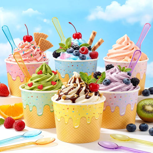 Jingmore 120 Set 6 oz Summer Paper Ice Cream Cups Bulk with Spoons Disposable Sundae Bowls Colorful Paper Dessert Cups