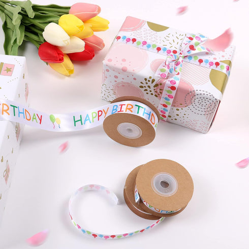MAMUNU 3 Rolls Happy Birthday Ribbon, 3/5" and 1" Wide White Satin Polyester Ribbon for Gift Wrapping, 30 Yards