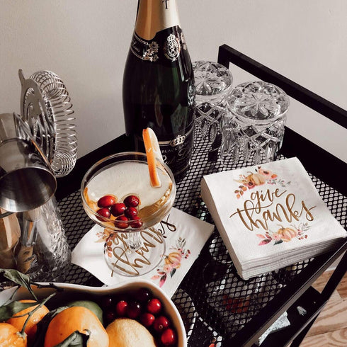xo, Fetti 50 Count Thanksgiving Gold Foil Napkins, 5 x 5 Inches, 3ply, Autumn Leaves, Pumpkins, Fall Table Decorations