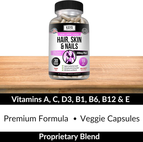 Kaya Naturals Hair Skin Nail Capsules with Biotin, 30 Count Capsules, Hair Support Vitamins, Vitamin D, B-12, Folic Acid