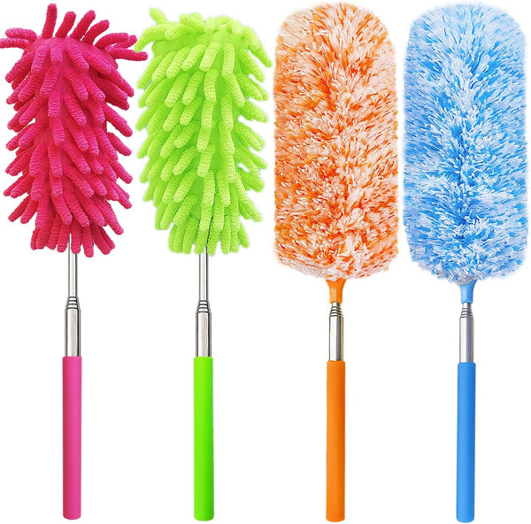 4 pcs Microfibre Feather Duster, Extendable 13" to 30", Washable Cleaning Tool for Office, Car, Computer, Furniture,