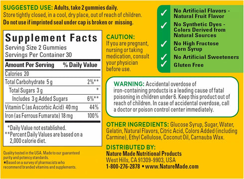 Nature Made Iron 18 mg with Vitamin C, 60 Gummies - Dietary Supplement for Red Blood Cell Support, 30 Day Supply