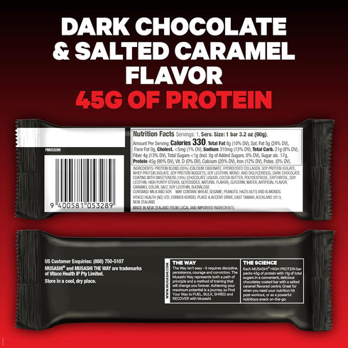 MUSASHI High Protein Bar, Dark Chocolate & Salted Caramel, 45g Protein, <1g Total Sugars, 12 Pack of 3.2oz Bars