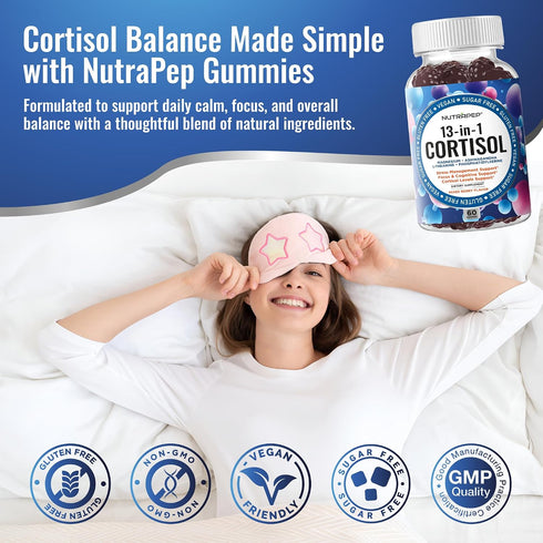 NutraPep Gummies 13-in-1 Cortisol for Women Men - High Cortisol Reducer with Ashwagandha Magnesium L-theanine Rhodiola