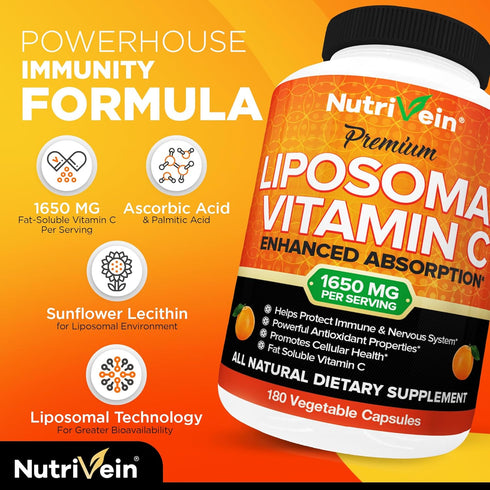 Nutrivein Liposomal Vitamin C 1650mg - 180 Capsules - High Absorption Ascorbic Acid for Immune System Support