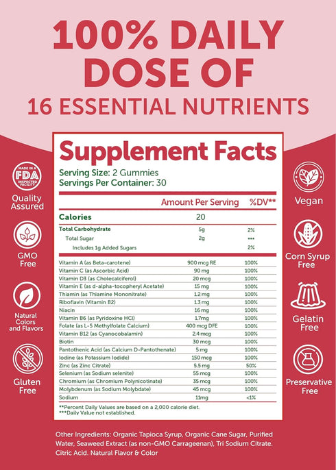 Lunakai US Made Women’s Multivitamin Gummies, 100% Daily Dose of 16 Essential Nutrients, 60ct