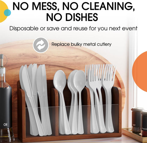 150 Pack White Plastic Cutlery Set, Heavy Duty Disposable Plastic Utensil Sets for Party Supplies