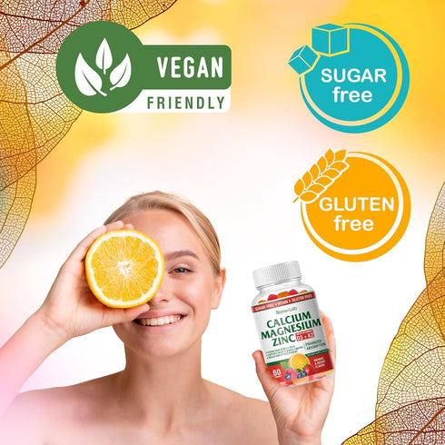 Calcium Magnesium Zinc Gummies - High Potency with Vitamin D3 & K2, Enhanced Absorption, Orange and Berry Flavored