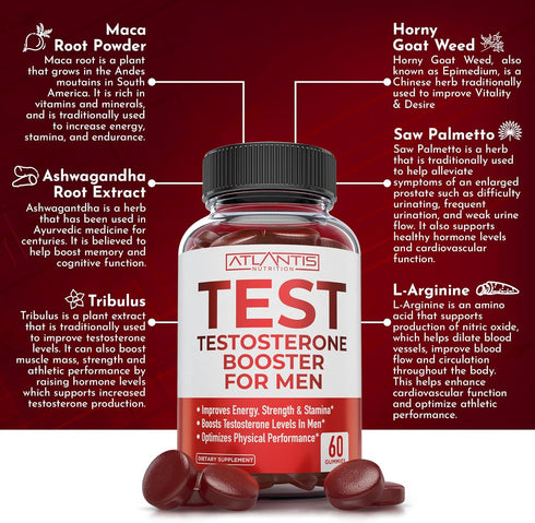 Testosterone Booster Gummies for Men, Male Enhancement, Boosts Energy & Optimizes Physical Performance, 60 Gummies