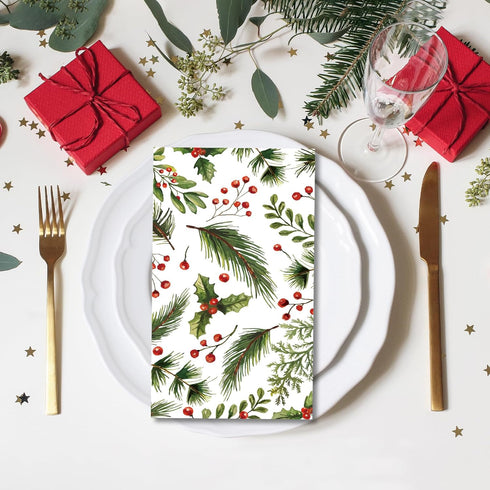 SMUAENSS 100 3-Ply PCS Christmas Paper Napkins, Berries Pine Guest Napkins, Greenery Christmas Bathroom Disposable Hand