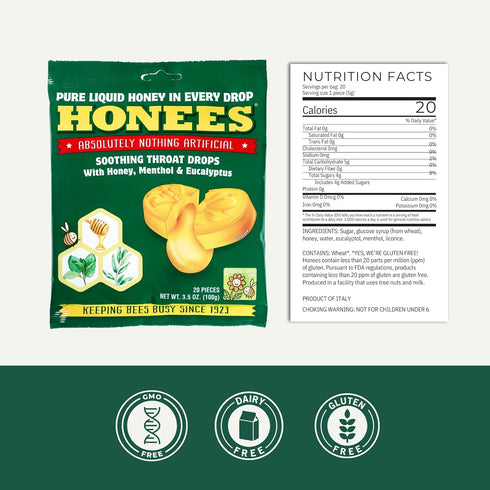 Honees Honey Filled Drops Variety Pack, Natural Sore Throat Relief Throat Lozenges, 2 Pack - 40 Drops