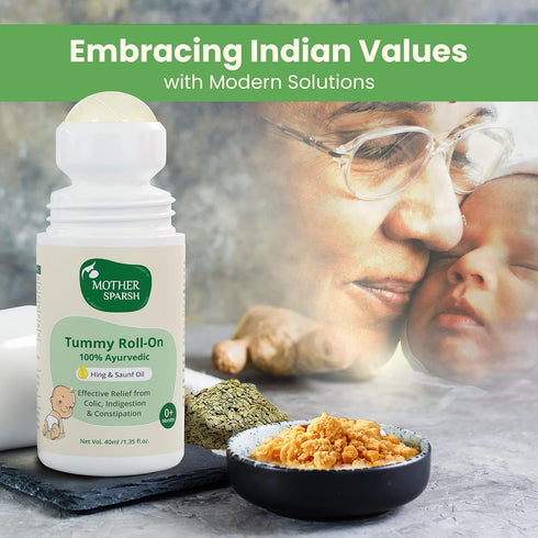 Mother Sparsh Tummy 40ml (Pack 2) Roll On for Baby, Colic Relief and Digestion, Ayurvedic, Hing & Saunf