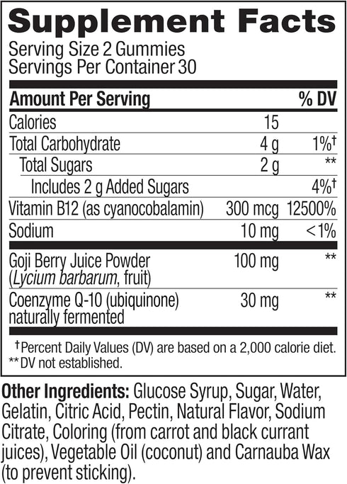 Gummy, B12, CoQ10, 60 Count OLLY Daily Energy Caffeine Free, Vitamin Goji Berry, Adult Chewable Supplement, Tropical