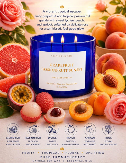 Sunset 3-Wick 15.8 oz Grapefruit Passionfruit Soy Candle | Large Scented Candle for Home | Clean Burn Long Lasting |