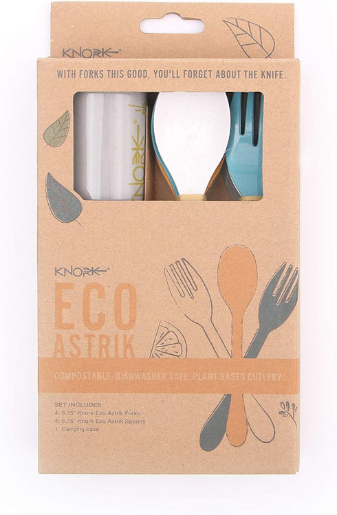 Knork Eco Astrik Reusable Compostable Plant-Based Utensil Set - 8 Piece with Carry Case in Orange Blue White Gray