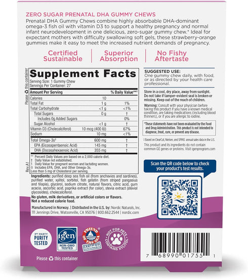 Nordic Naturals DHA Prenatal Vitamin Gummies, Zero Sugar, Strawberry Orange Flavor - 27 Gummies, 600 mg Omega-3, 400 IU