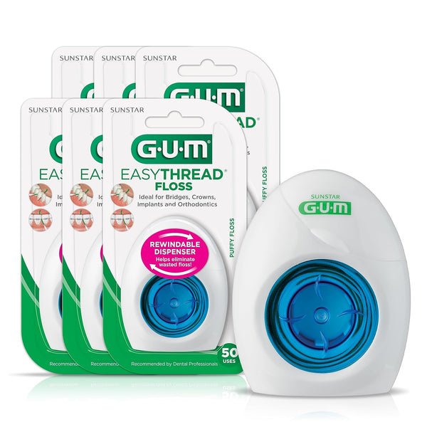 GUM EasyThread Threader Floss, Expanding Dental Floss for Braces, Bridges, and Implants, Built-in Rigid Threaders (6pk)