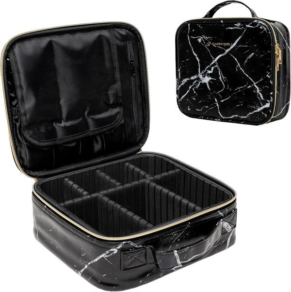 Makeup Train Case, Travel Cosmetic Organizer Bag with Adjustable Dividers for Brushes and Toiletries (1, Marble, Small)