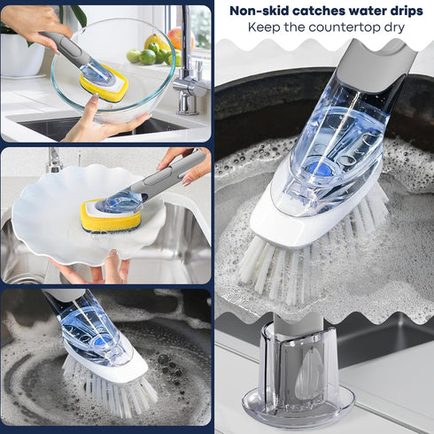 Set 2 Dish Brush with Soap Dispenser Storage with PCS Brush Refills & Holder, Dish Scrubber with Soap Dispenser, Dish