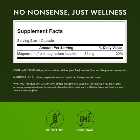 Swanson Magnesium Lactate Mineral Supplement for Muscle and Bone Health Support - 120 Capsules, 84mg Each