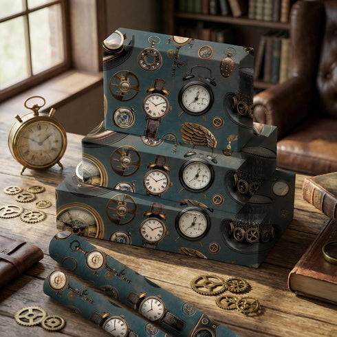 Joviwrap 17 Inches 16.4 Watch Wrapping Paper Roll, Mechanical, Gears Vintage Clock Print Gift Wrap Steampunk Vintage