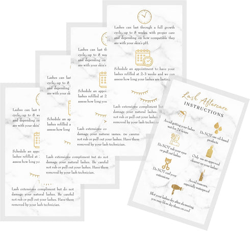 Lash Extension Aftercare Instructions Cards | 50 Pack | Double Sided 3.5 x 2" | Marble Look with Gold Icons Design