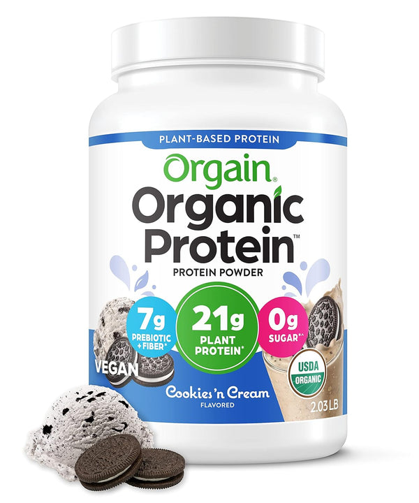 Orgain Organic Vegan Protein Powder, Cookies & Cream - 21g Plant Based Protein, Low Net Carb, 2.03 lb