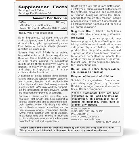 Source Naturals Same, Supports Joint Comfort, 400mg, 30 Enteric Coated Tablets