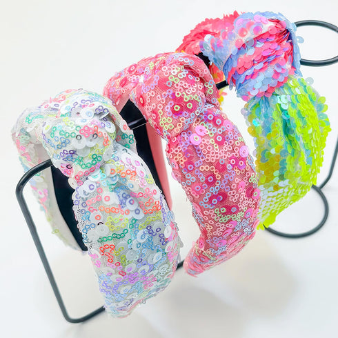 XIMA 3 PCS Sequin Headbands for Women and Girls, Neon Rainbow Sparkle Statement Top Knot Holiday Hair Accessories