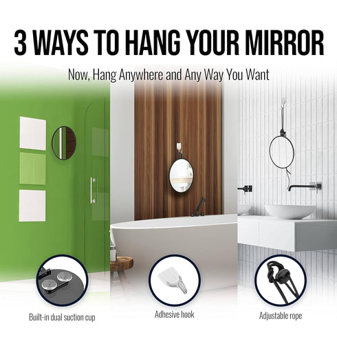 MIRRORVANA Small Shower Mirror for Shaving, 3 Attachment Options, Portable, Shatterproof, Bonus Anti-Fog Spray
