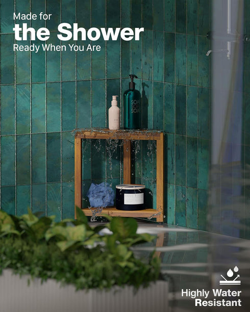 16.5" BLUEWEST Acacia Wood Corner Shower Stool, Wooden Corner Shower Bench for Shaving Legs Inside Shower, Waterproof