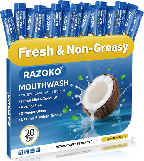 RAZOKO Disposable Mouthwash Travel Size-Fresh & Non-Greasy/Fresh Mint +Coconut Portable Packets,Alcohol &