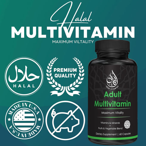 Halal Complete Multivitamin Capsules for Adults Men & Women | 60 Count | 42 Fruit & Vegetable Blend with Iron, Zinc