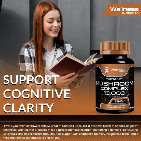Organic Mushroom Supplement Capsules - 10000mg 25 in 1 Mushroom Complex - 120 Count Lion's Mane, Turkey Tail, Reishi
