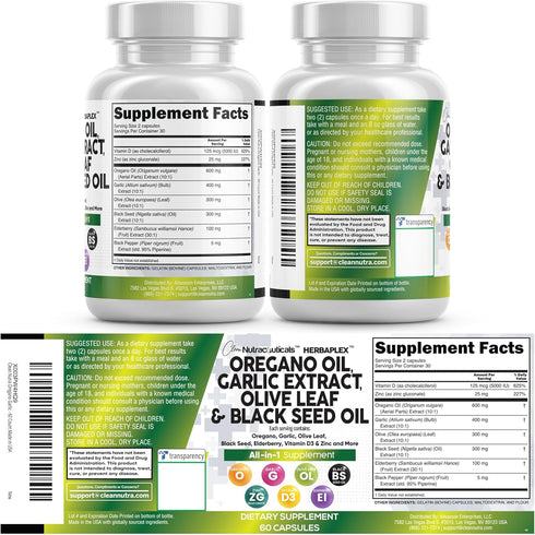 Immune D3 2Pack Clean Nutraceuticals Oregano Oil Garlic Extract Olive Leaf Black Seed Oil - Support & Digestive Health