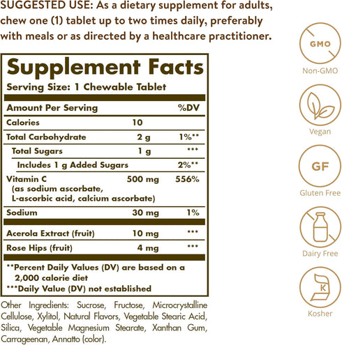 Solgar Vitamin C 500 mg Chewable Tablets, Orange Flavor - 90 Count - Antioxidant & Immune Support - Supports Healthy Skin & Joints - Non GMO, Vegan, Gluten Free, Kosher - 90 Servings