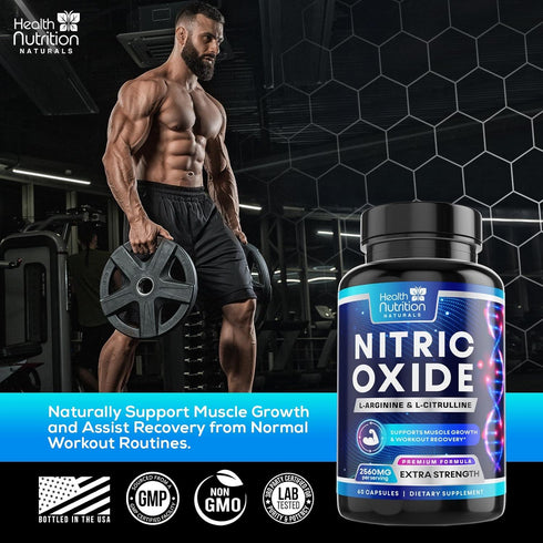 Extra Strength Nitric Oxide Supplement, L Arginine 3X Strength, 60 Capsules for Energy & Strength