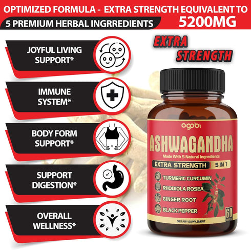 3 Packs Ashwagandha Supplement 5200mg - 5in1 with Ginger, Turmeric, Rhodiola Rosea, 6-Month Supply